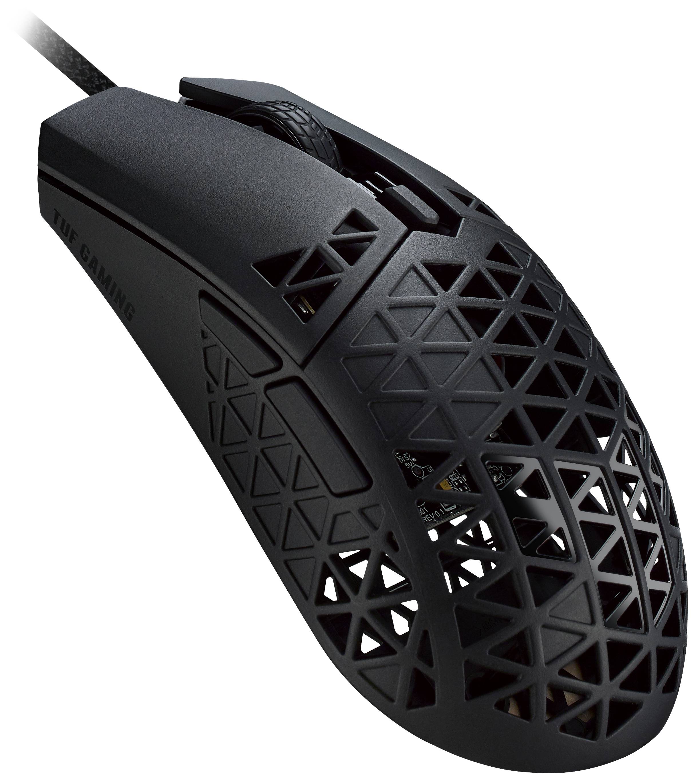 Černá herní myš s mřížkovitým designem a ergonomickým úchopem pro přesné ovládání a pohodlí.
