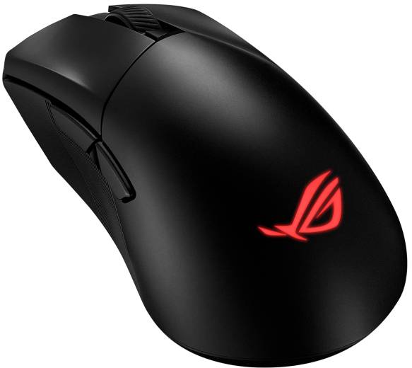 Černá herní myš s červeně podsvíceným logem, ergonomický design, boční tlačítka a rolovací kolečko na horní straně.