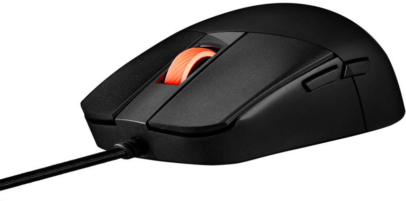 Černá drátová počítačová myš s oranžovým kolečkem, boční klávesou a ergonomickým designem.