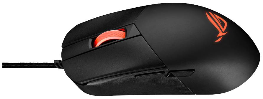 Černá herní myš s červeným scrollovacím kolečkem a červeným logem, postranními tlačítky pro palec, ergonomický design, s kabelovým připojením.