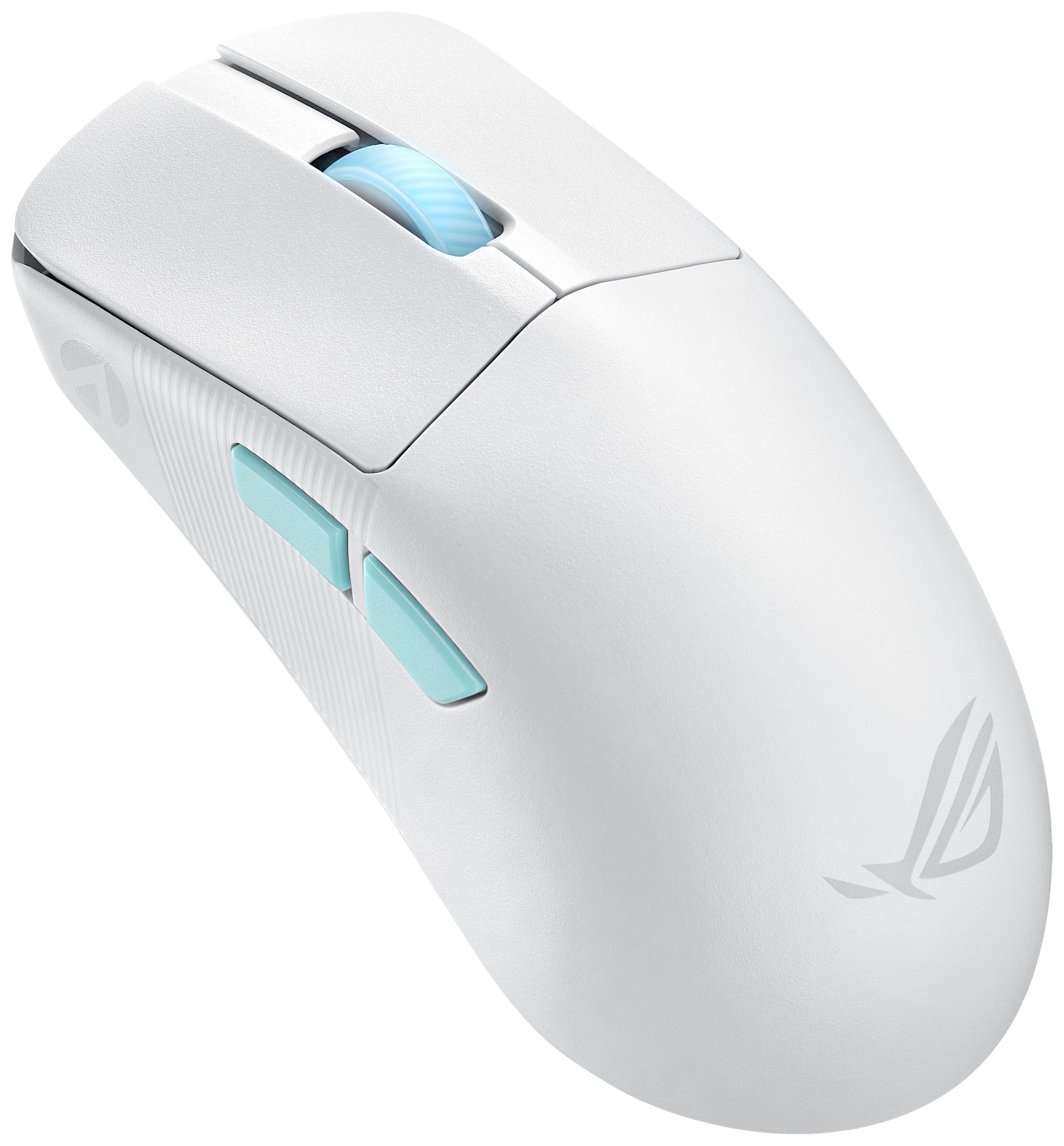 Bílá ergonomická počítačová myš s modrými akcentními tlačítky a kolečkem, vhodná pro hráče; logo ROG na přední straně.