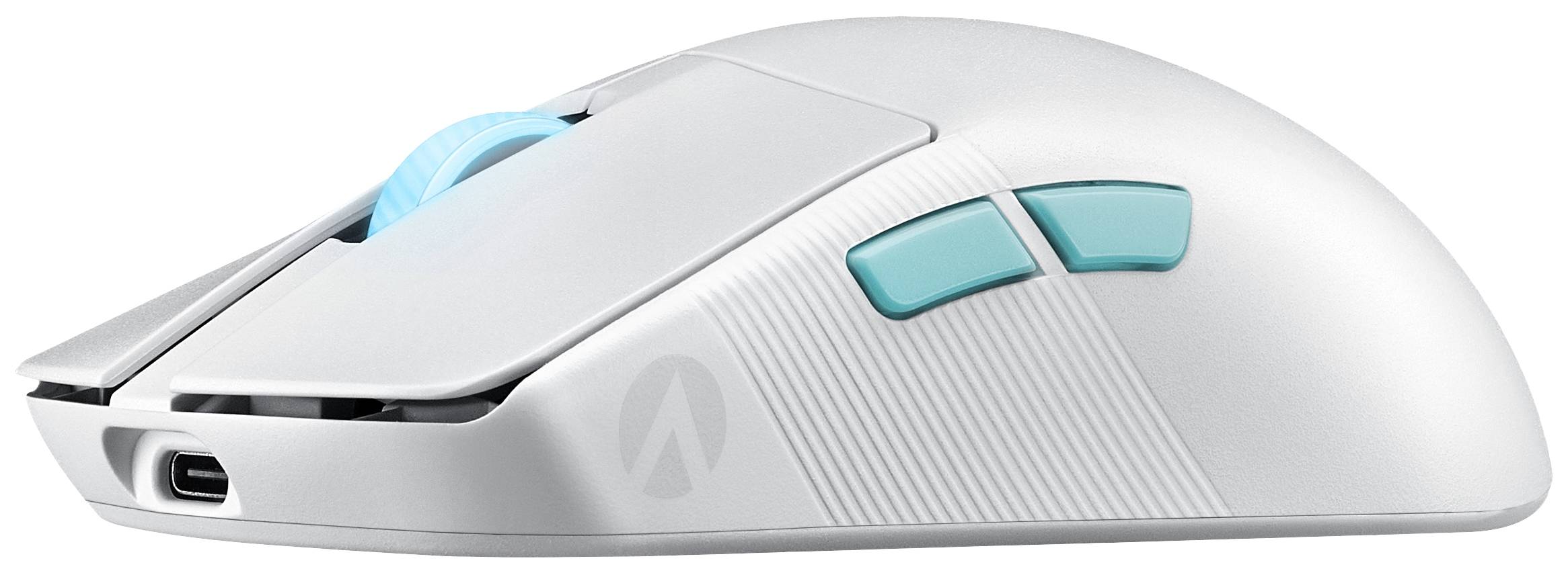 Bílá počítačová myš s modrými tlačítky na straně a modrým kolečkem pro posun, moderní a ergonomický design.