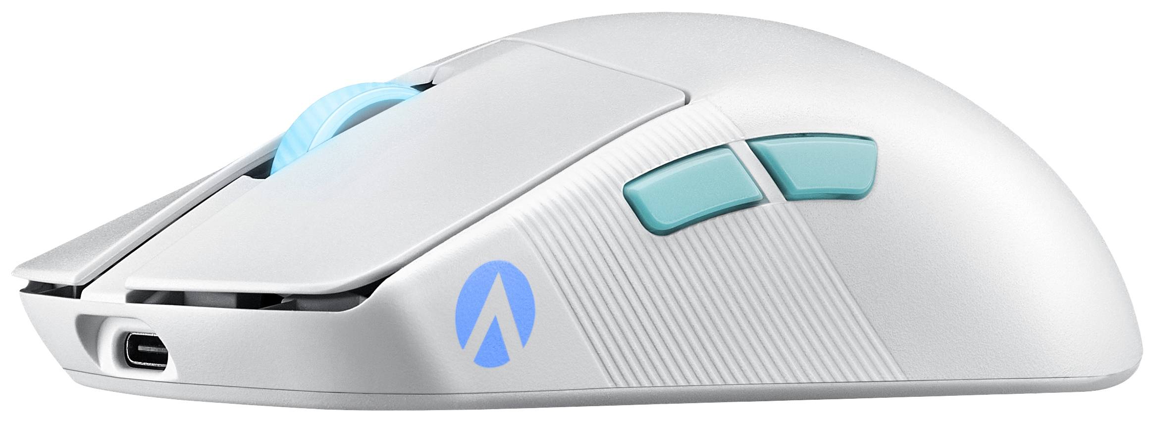 Bílá herní myš s modrým logem, dvěma postranními tlačítky a modře podsvíceným kolečkem. Moderní, ergonomický design.