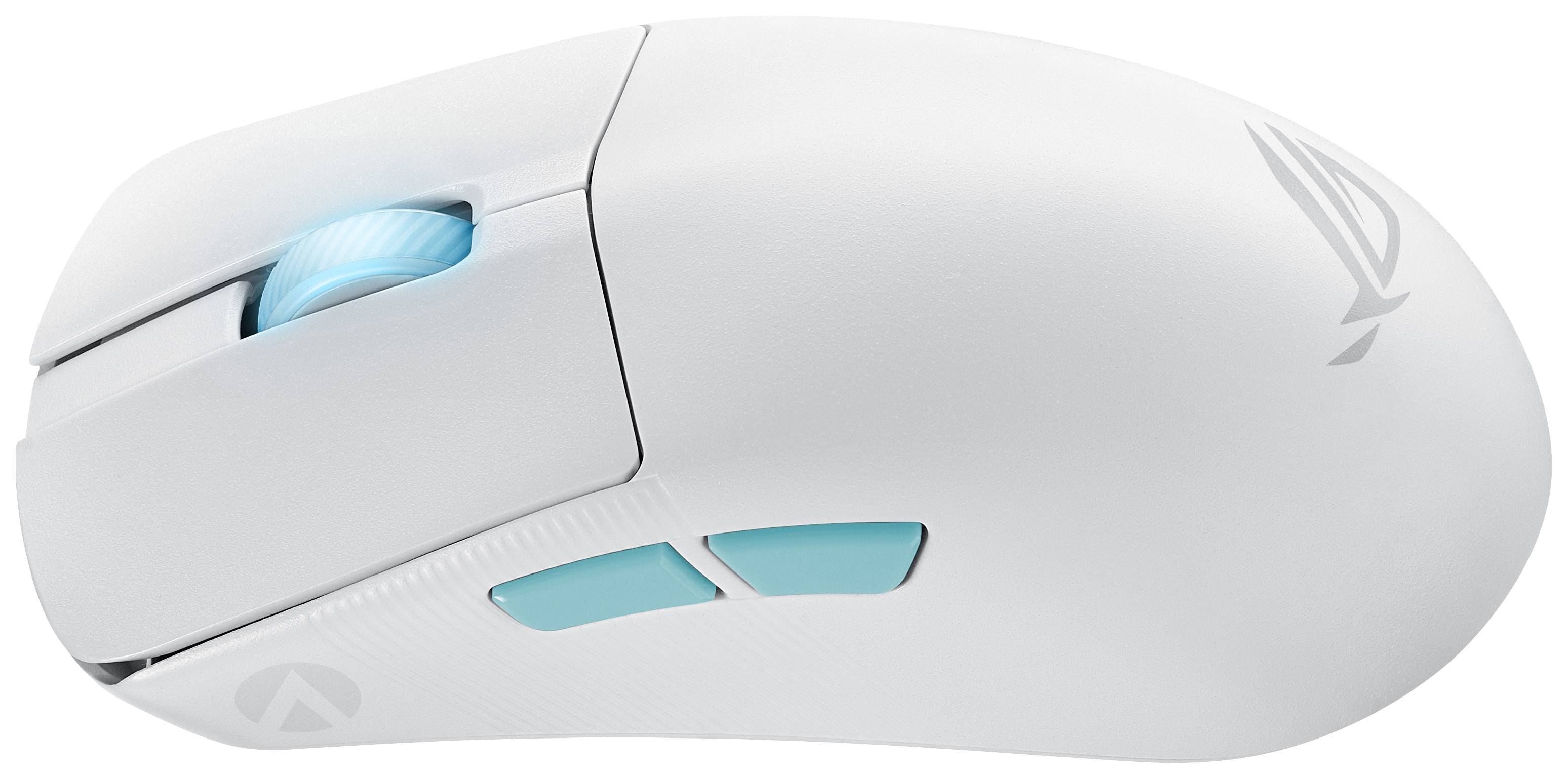 Bílá herní myš se dvěma postranními tlačítky a modře podsvíceným kolečkem. Ergonomický design s hladkým povrchem.