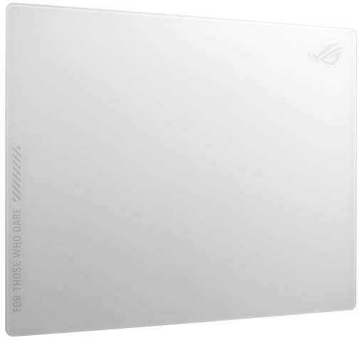 Bílý obal notebooku s logem ROG a nápisem 'PRO TY, KTEŘÍ SE NEBOJÍ' na straně. Minimalistický design.