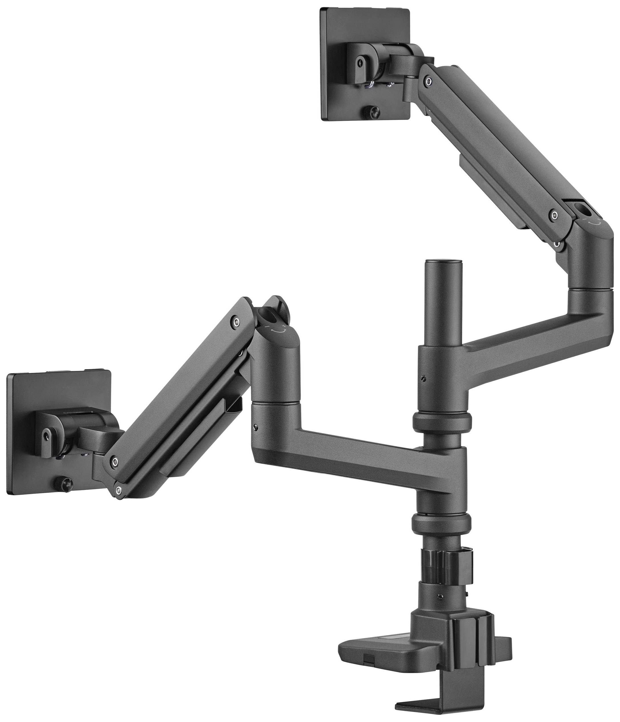 Nastavitelné rameno monitoru s několika klouby, vhodné k upevnění na stůl, umožňuje flexibilní polohování obrazovky.
