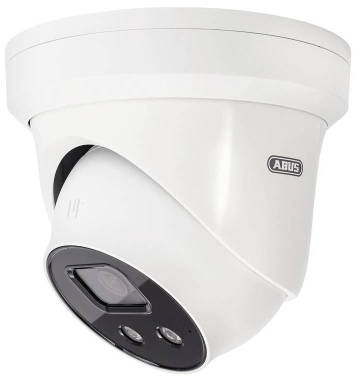 Bílá bezpečnostní kamera s logem Abus, která má vpředu dva objektivy a LED světla.