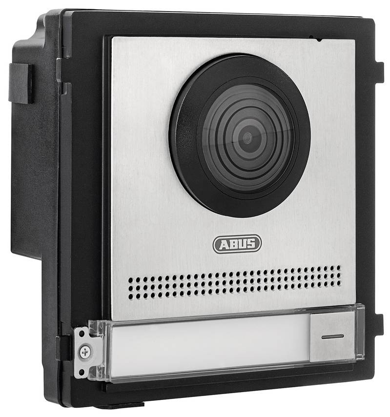 Černostříbrný videotelefon s kamerou a mikrofonem, vhodný pro domovní nebo bytové dveře.