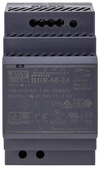 Spínaný napájecí zdroj MEAN WELL HDR-60-24, vstup 100-240VAC, výstup 24V 2,5A, vhodný pro montáž na DIN lištu, max. 60 W.