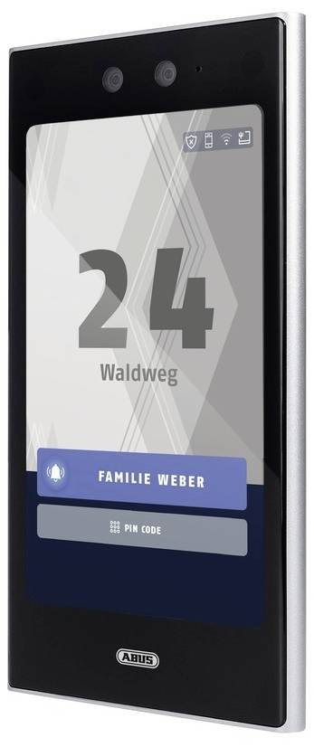 Digitální videotelefon s dotykovým displejem. Zobrazuje '24 Waldweg' a 'Rodina Weberových'. Dva fotoaparáty nahoře, ovládací tlačítka dole.