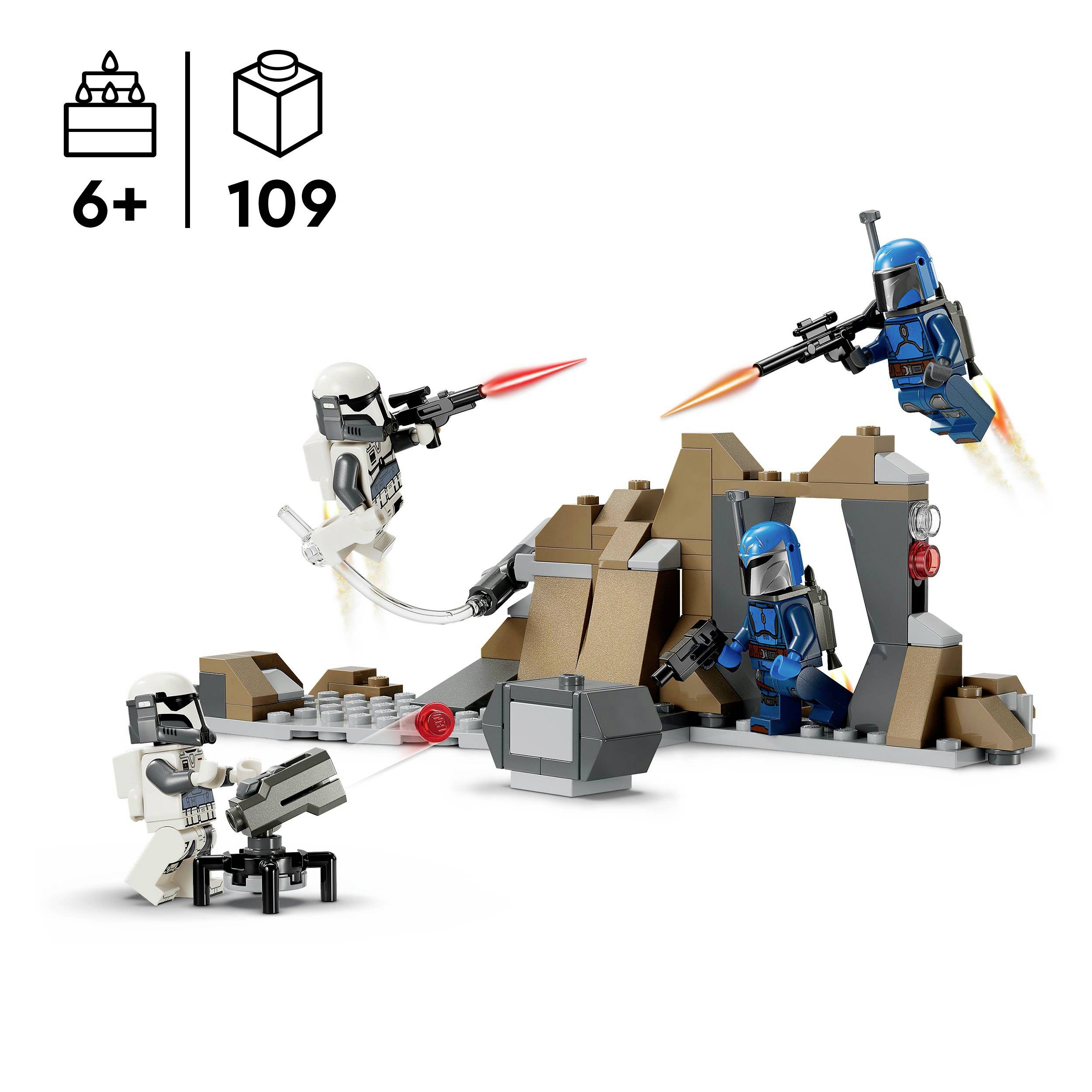 Sada LEGO se čtyřmi figurkami v bojové pozici, opevněním s dělem a malou strukturou. Doporučeno pro děti od 6 let, 109 dílků.