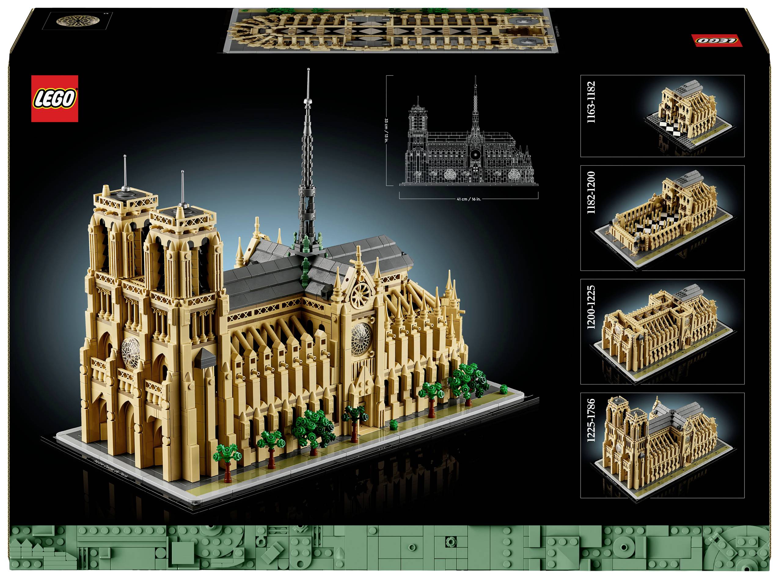 Lego model katedrály Notre-Dame s detailní architekturou, zobrazený na obalu z různých pohledů.