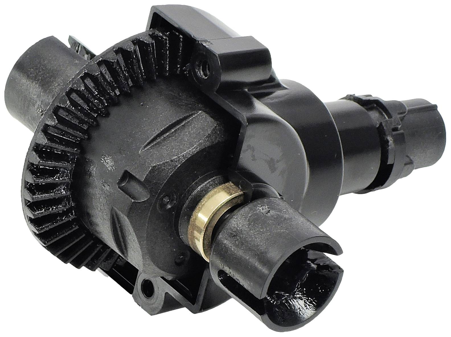 Černá mechanická součástka s ozubenými koly a zlatým prstencem, pravděpodobně část motoru nebo stroje.