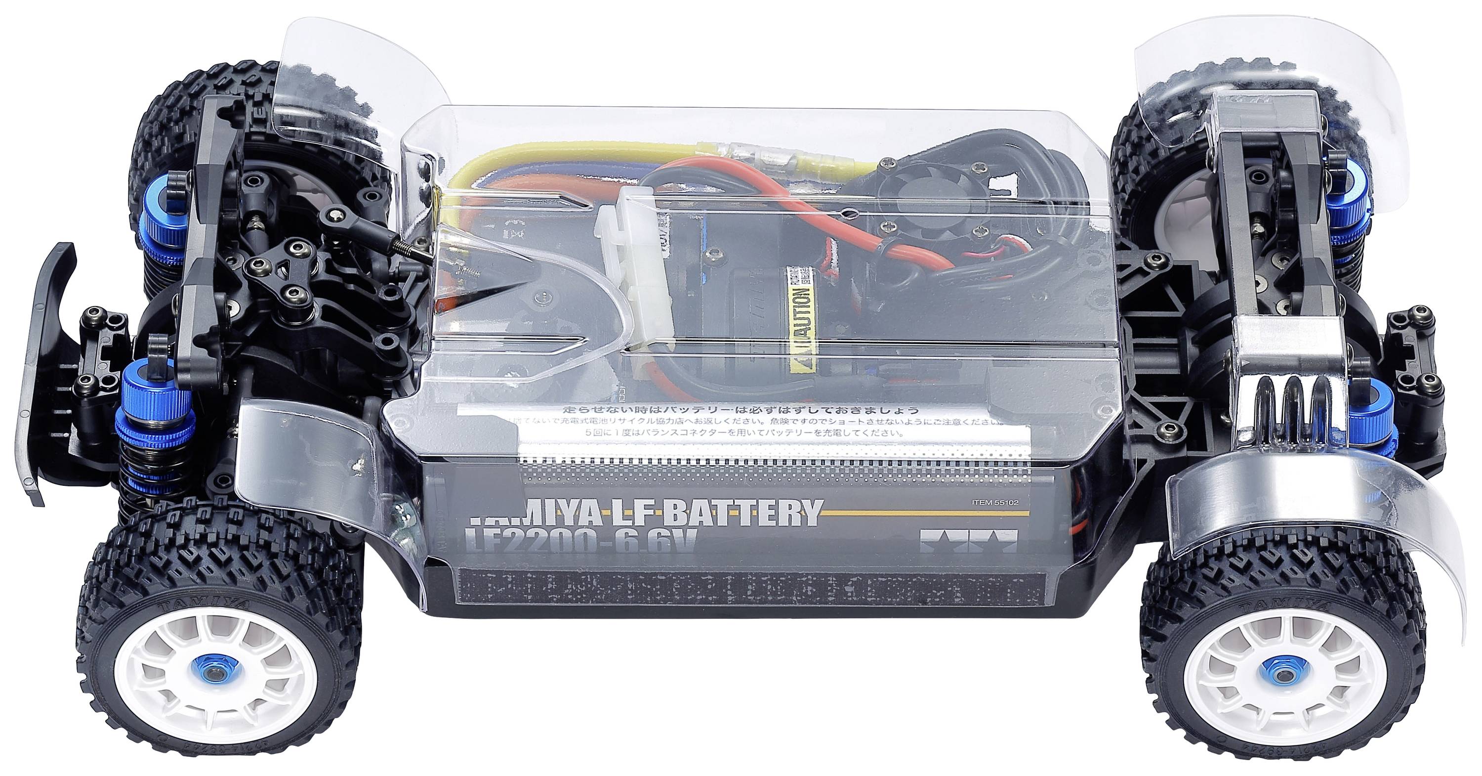 RC autošasí s koly, viditelnou elektronikou a akumulátorem.