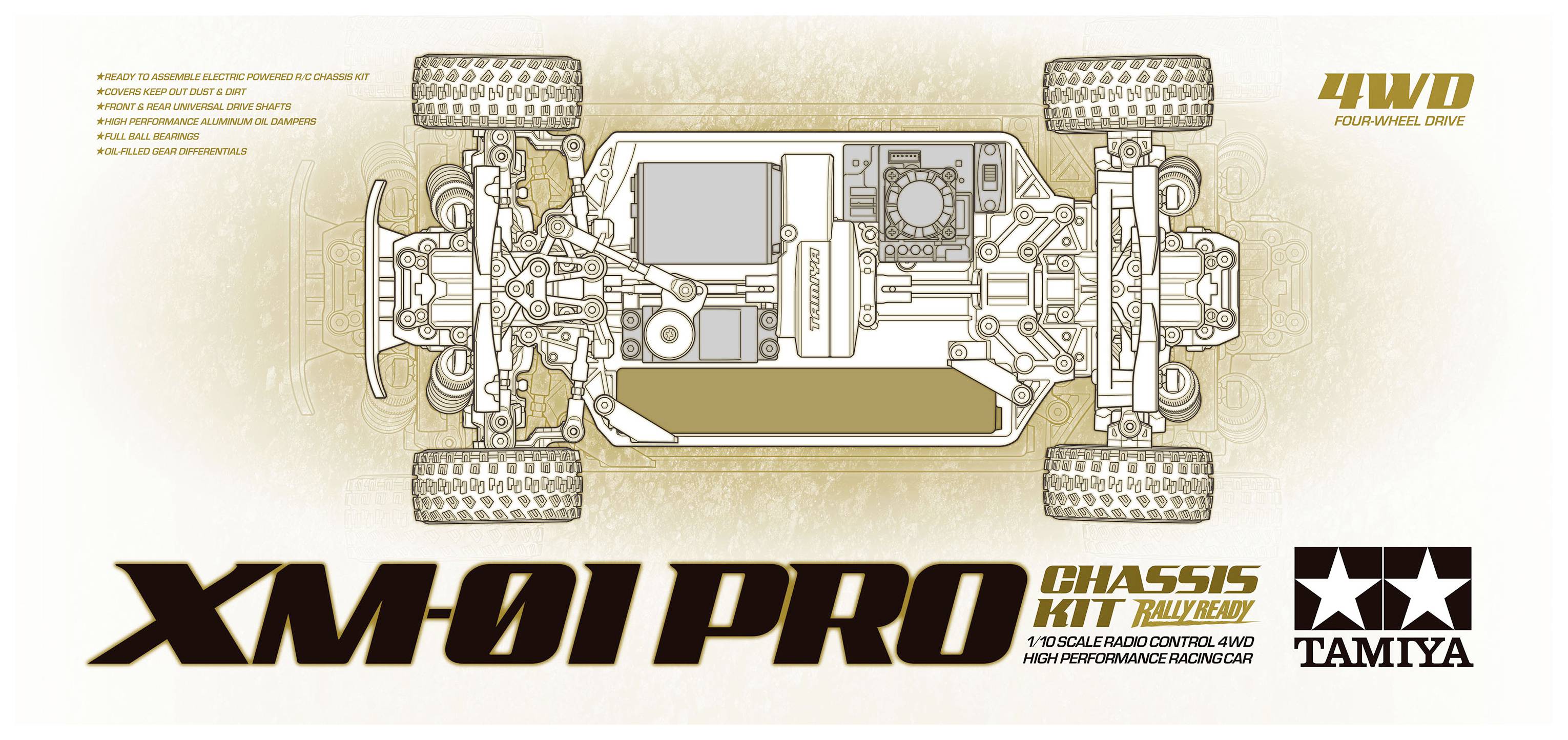 Podvozková sada XM-01 PRO od Tamiye s pohonem všech kol. Detailní grafika podvozku z horního pohledu, znázorňující komponenty a konstrukční řešení.