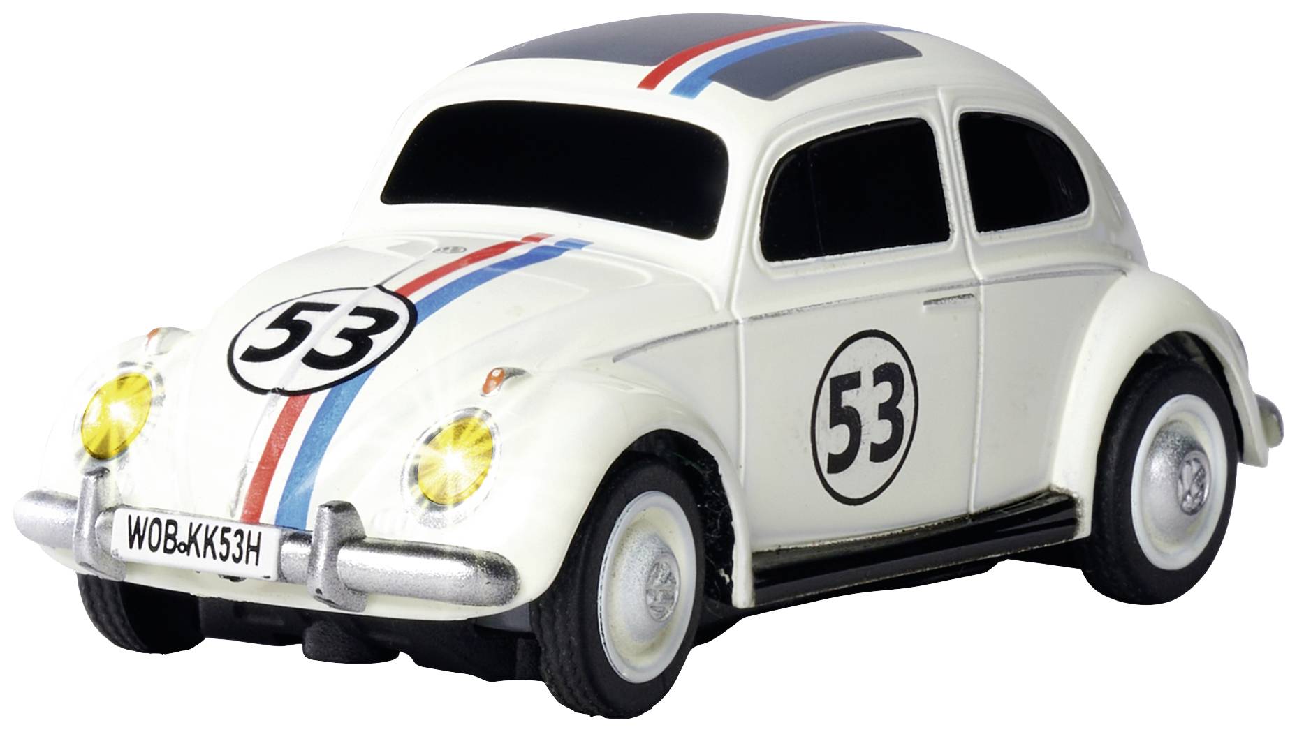 Bílé, klasické auto s číslem '53' na kapotě a dveřích, přes které vedou červené a modré pruhy.