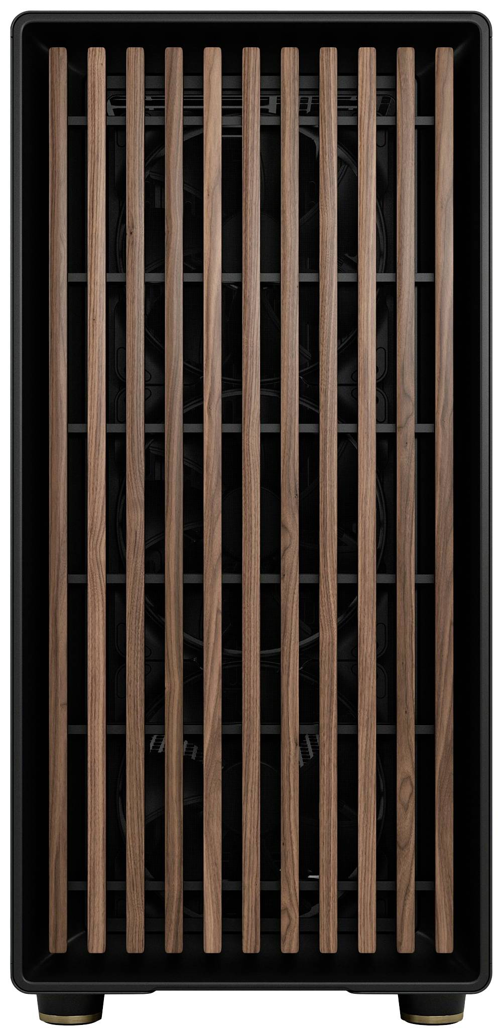 Černá počítačová skříň s vertikálními dřevěnými latěmi na přední straně. Minimalistický design s moderním vzhledem.