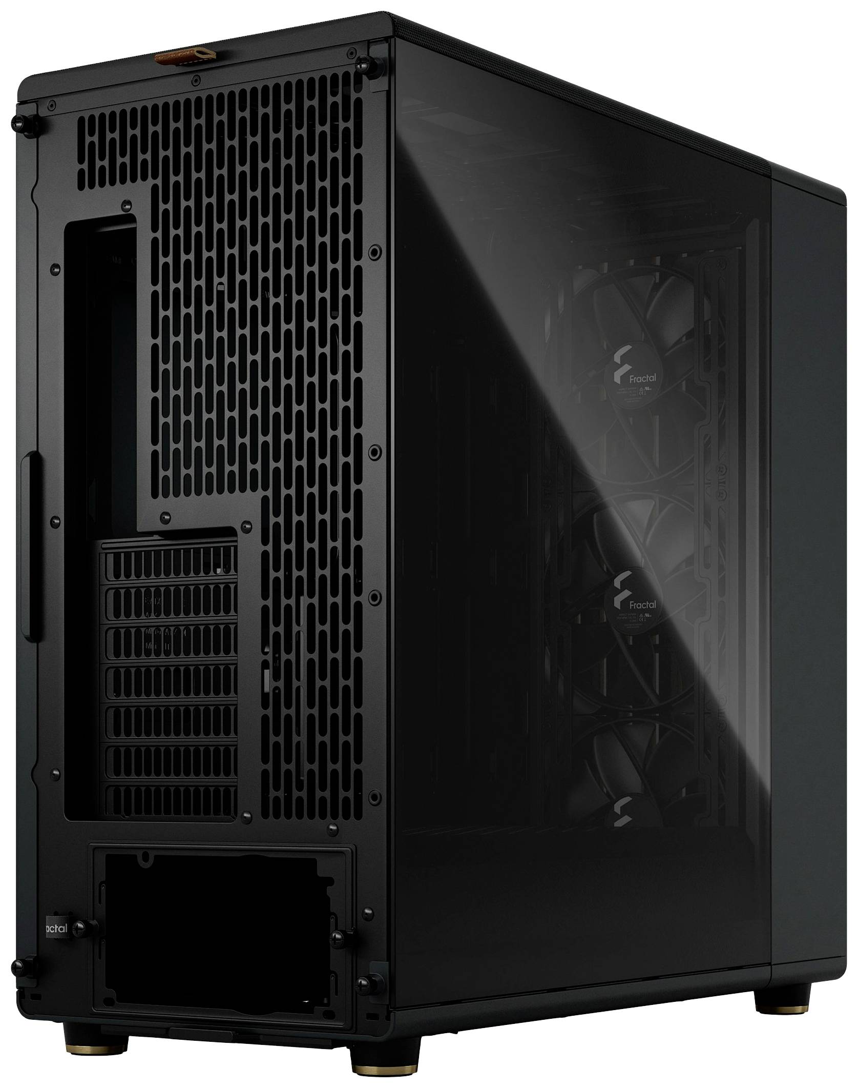 Černá počítačová skříň s větracími mřížkami a několika ventilátory po straně, navržená pro PC komponenty.