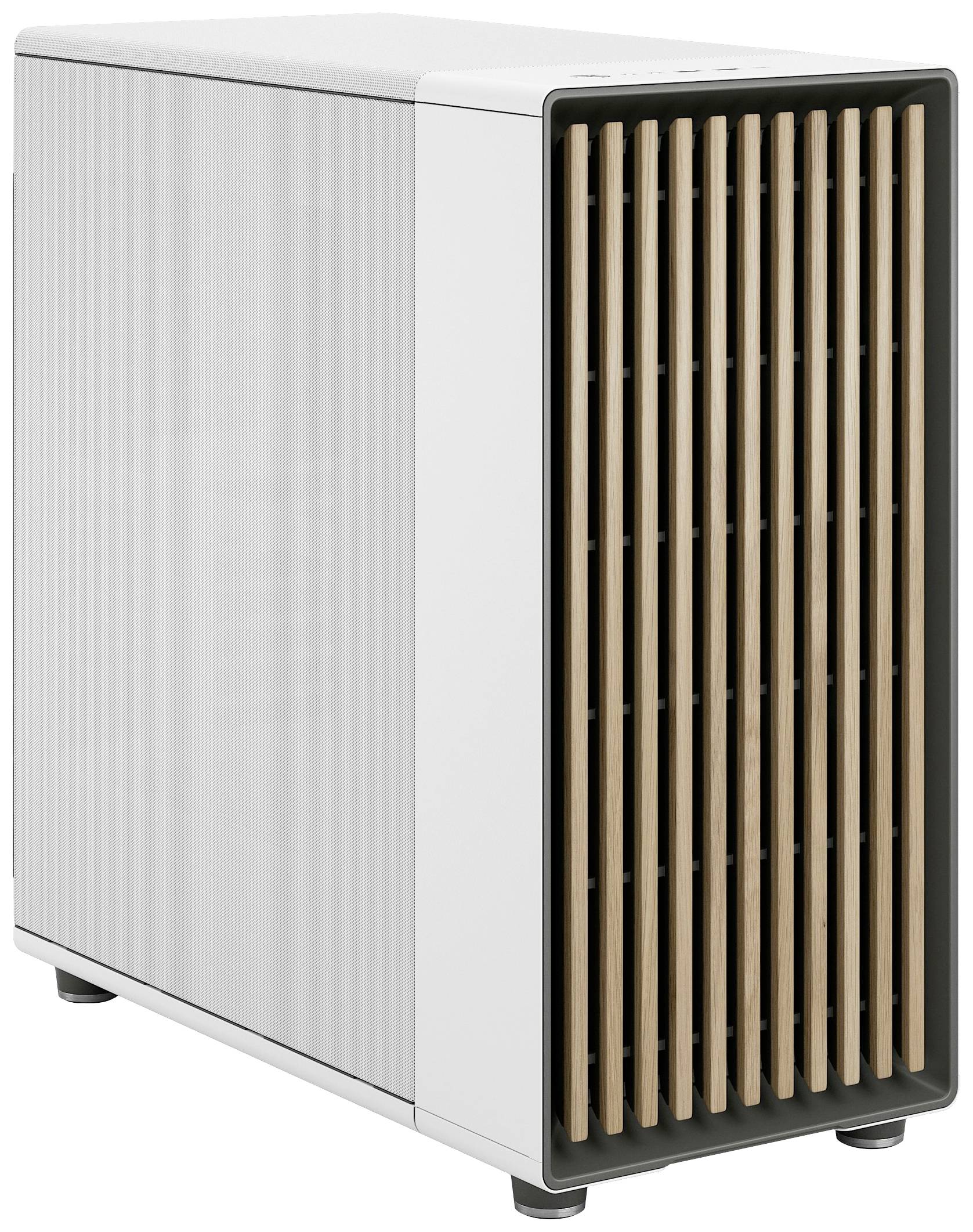 Bílý počítačový case s přední stranou z vertikálních dřevěných lamel a boční průhledovou deskou, moderní design.