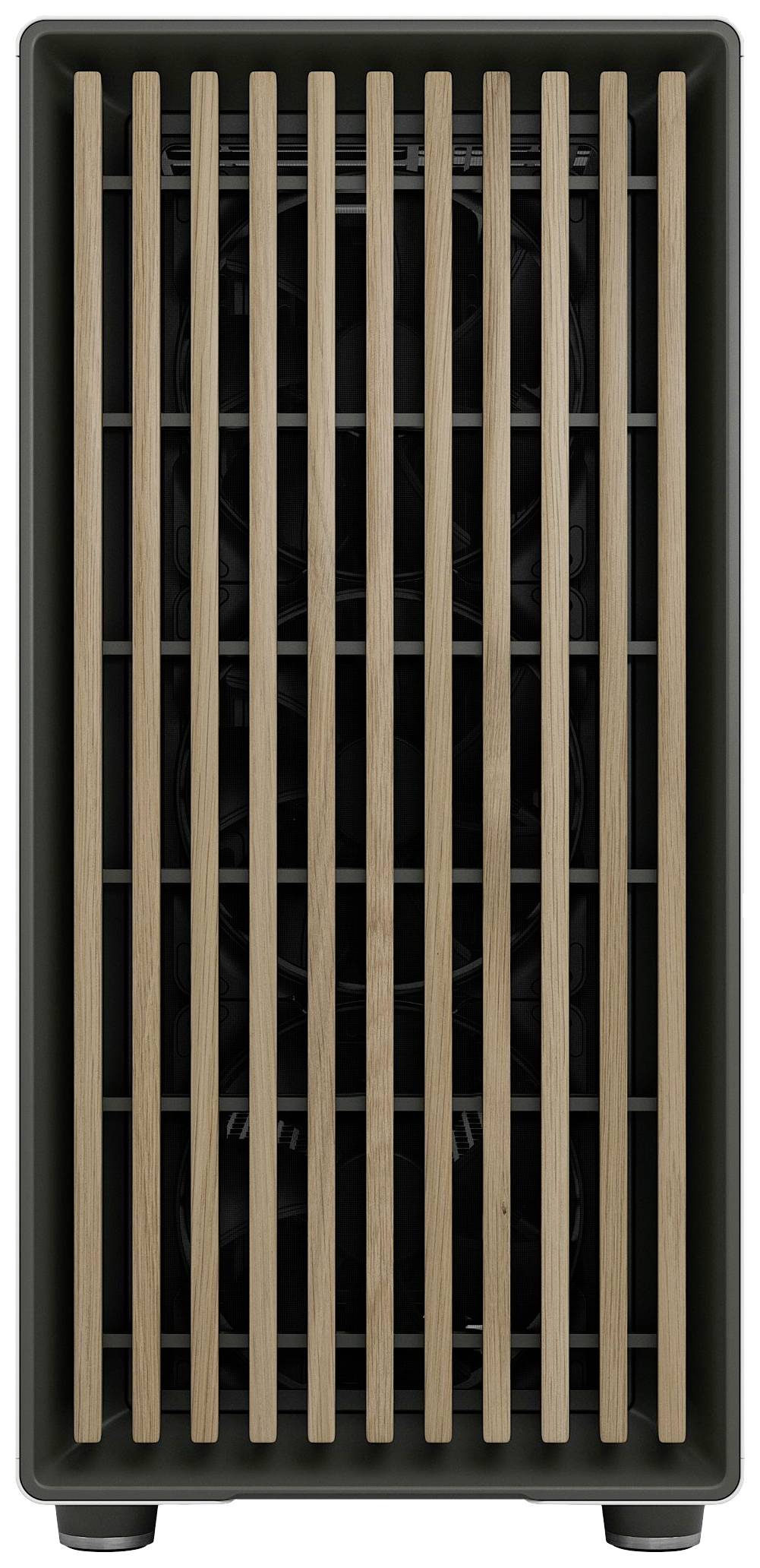 Věžový ventilátor s moderním vertikálním designem lamel v dekoru dřeva. Větrací štěrbiny zakrývají vrtule ventilátoru.