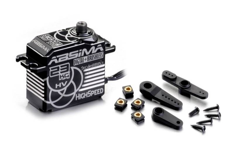 Servo-motor 'Absima 23 kg HV Highspeed' s přiloženým upevňovacím materiálem a rameny.