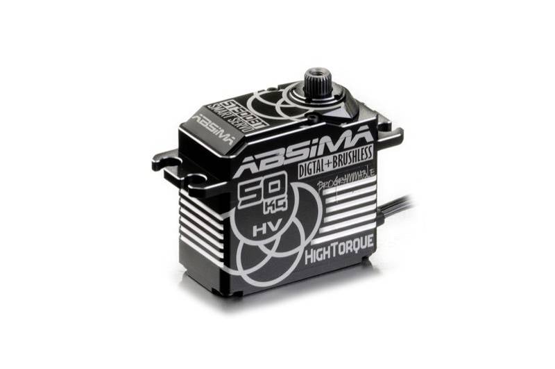 Vysoce výkonný digitální bezkartáčový servomotor značky Absima s označením "50 kg HV, High Torque" je zde patrný.