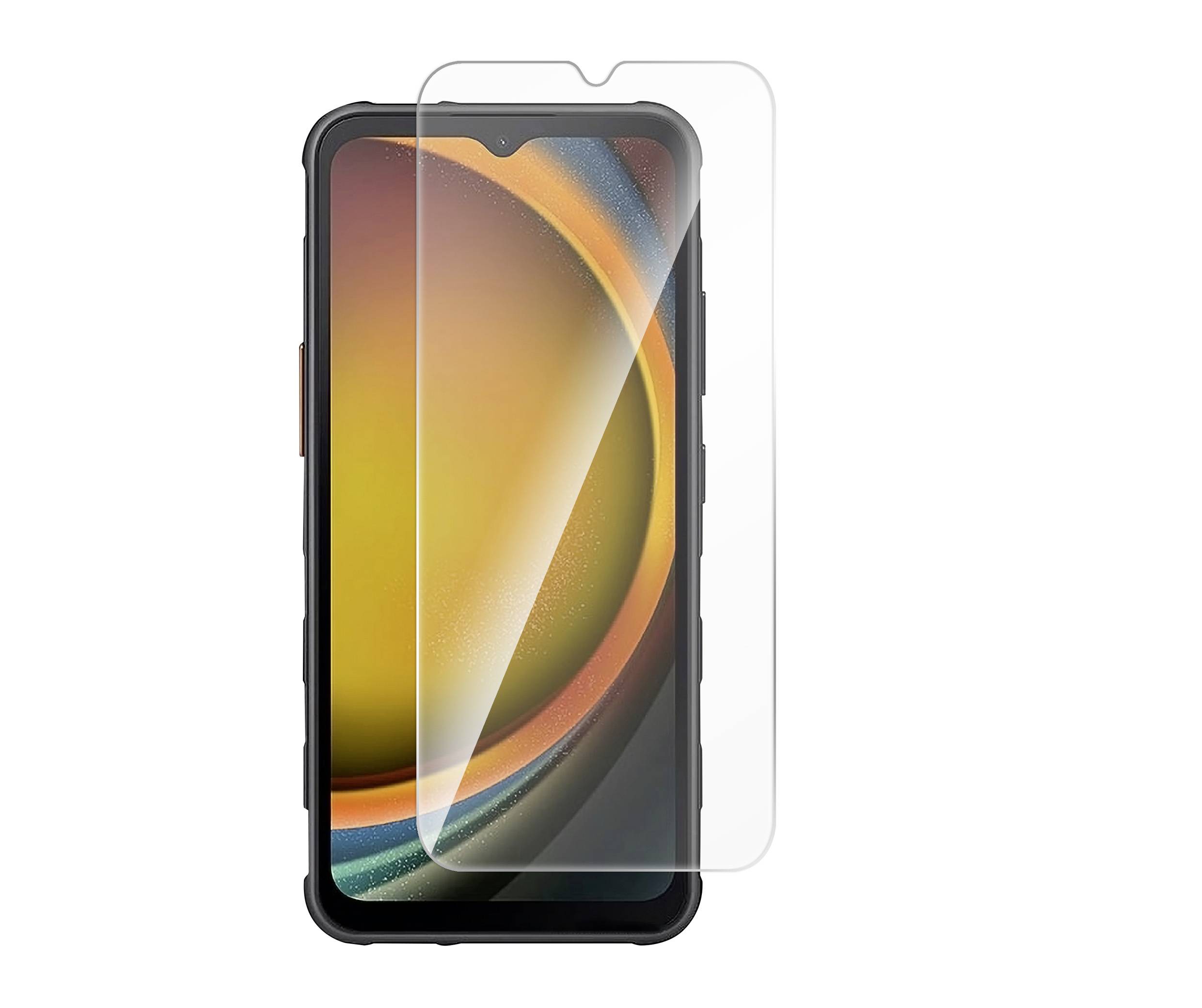 Smartphone s černým tělem a displejem, který je chráněn průhlednou ochrannou fólií.