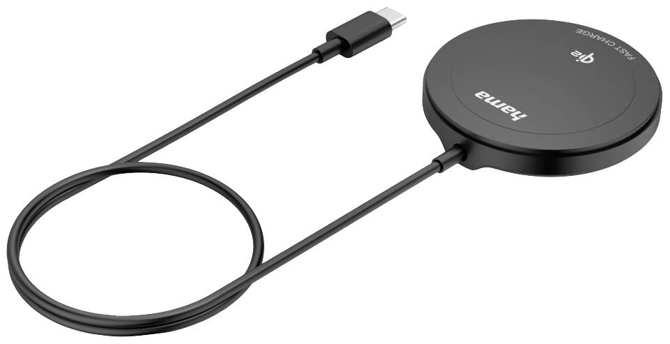 Černá, kulatá bezdrátová nabíječka značky Hama s nabíjecím kabelem USB-C. Vhodná pro rychlé indukční nabíjení.