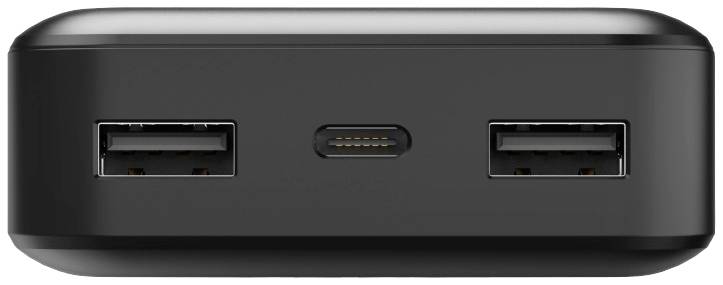 Černá, obdélníková nabíječka se dvěma USB-A a jedním USB-C portem na přední straně.