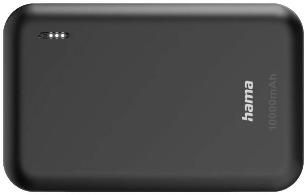 Powerbanka Hama s kapacitou 10 000 mAh, černá, obdélníkového tvaru, s LED indikátorem stavu nabití na boku.