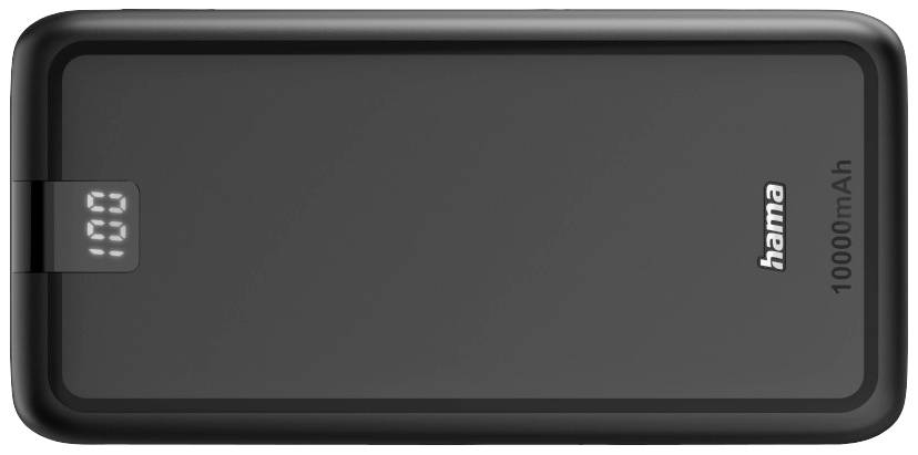 Černá powerbanka s kapacitou 10000 mAh, digitální displej ukazuje '100'. Logo značky vpravo nahoře.