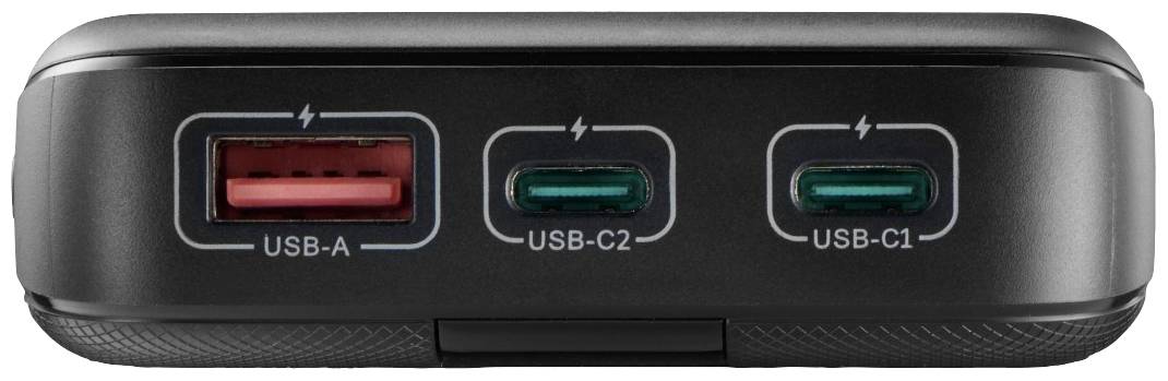Černá powerbanka se třemi porty: USB-A (červený) a dva USB-C (zelené) označené jako 'USB-C1' a 'USB-C2'.