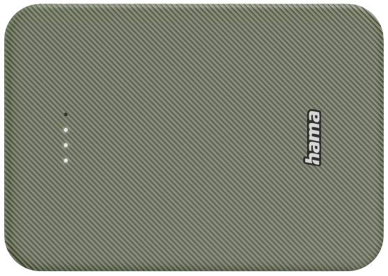 Zelená přenosná powerbanka s texturovaným povrchem a čtyřmi indikátory nabití. Logo 'hama' je viditelné.
