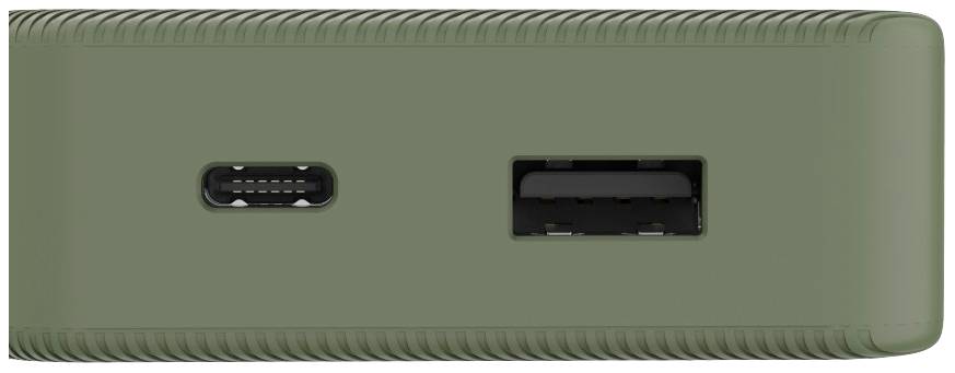Zelený externí hard disk s USB-C a USB-A porty, který umožňuje připojení k různým zařízením.