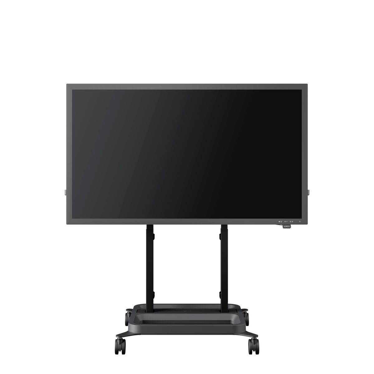 Velký černý monitor na pojízdném stojanu. Obrazovka je vypnutá a nezobrazuje žádný obsah.