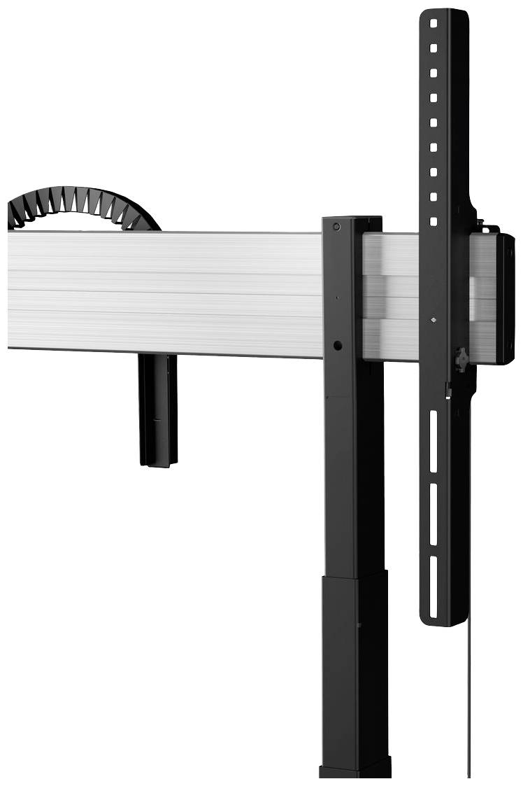 Výškově nastavitelný mechanismus držáku TV v černém a stříbrném designu ukazuje různé možnosti montáže.