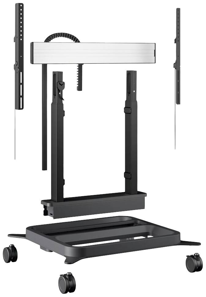Výškově nastavitelný TV stojan na kolečkách s odnímatelnými držáky v černostříbrném designu, určený pro flexibilní umístění obrazovky.