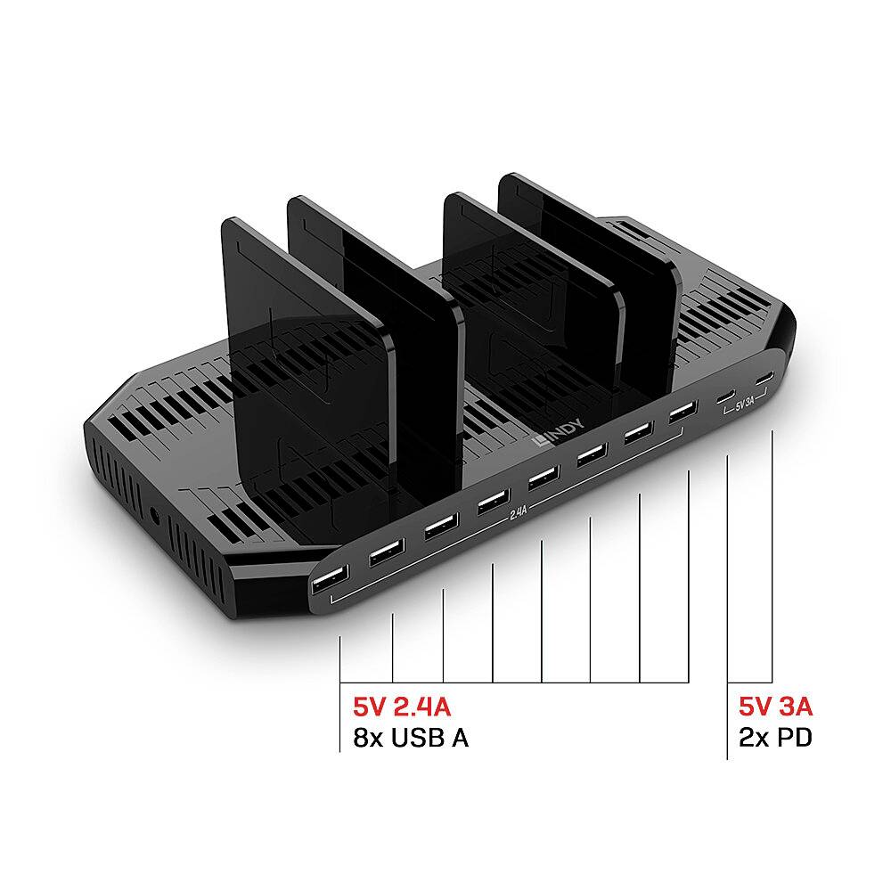 Černá nabíječka s 8 USB-A porty a 2 PD porty. Štítky ukazují proudové zatížení: 5V 2,4A pro USB, 5V 3A pro PD.