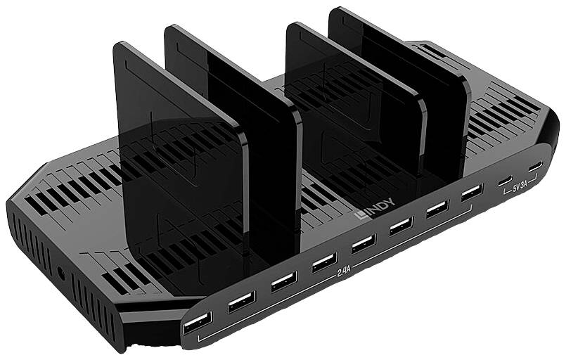 Černá USB nabíječka s pěti porty a čtyřmi přepážkami určená k současnému nabíjení několika zařízení. Některé vstupy jsou označeny '2.4A'.