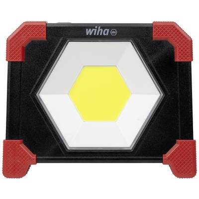 LED pracovní svítidlo v šestiúhelníkovém designu, černá základna s červenými hranami, centrální žlutá osvětlovací plocha pro intenzivní osvětlení.