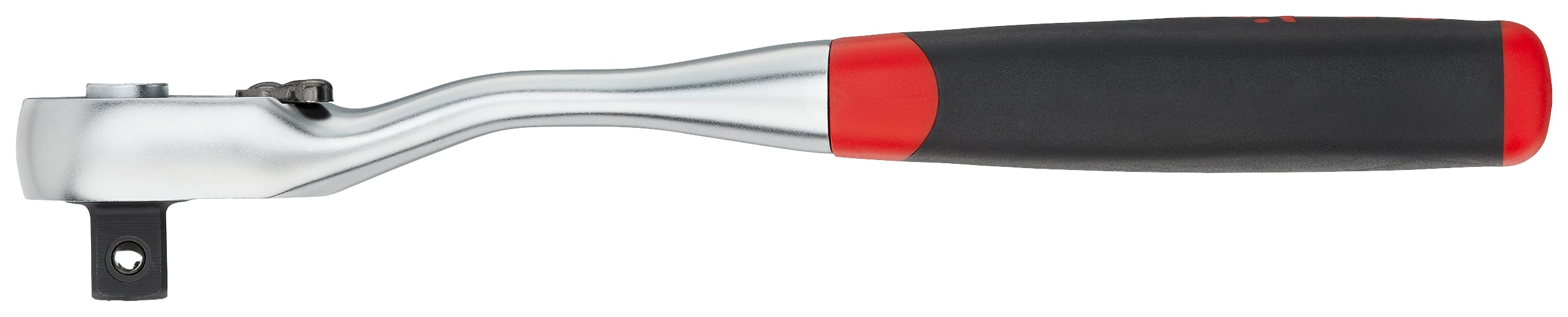 Ráčnový klíč s červeným a černým držadlem, používaný k utahování nebo povolování matic a šroubů.