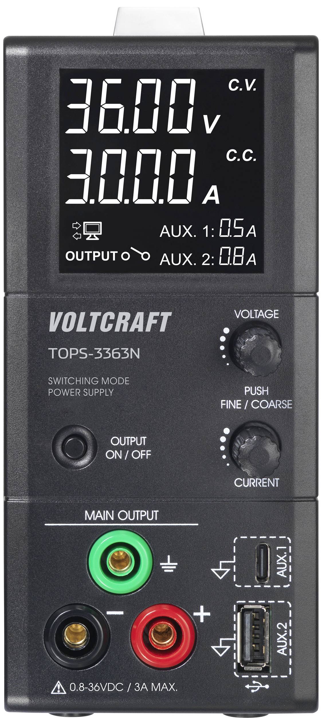 Napájecí zdroj Voltcraft TOPS-3363N zobrazuje digitální displej pro napětí a proud. Obsahuje hlavní a pomocné výstupy.
