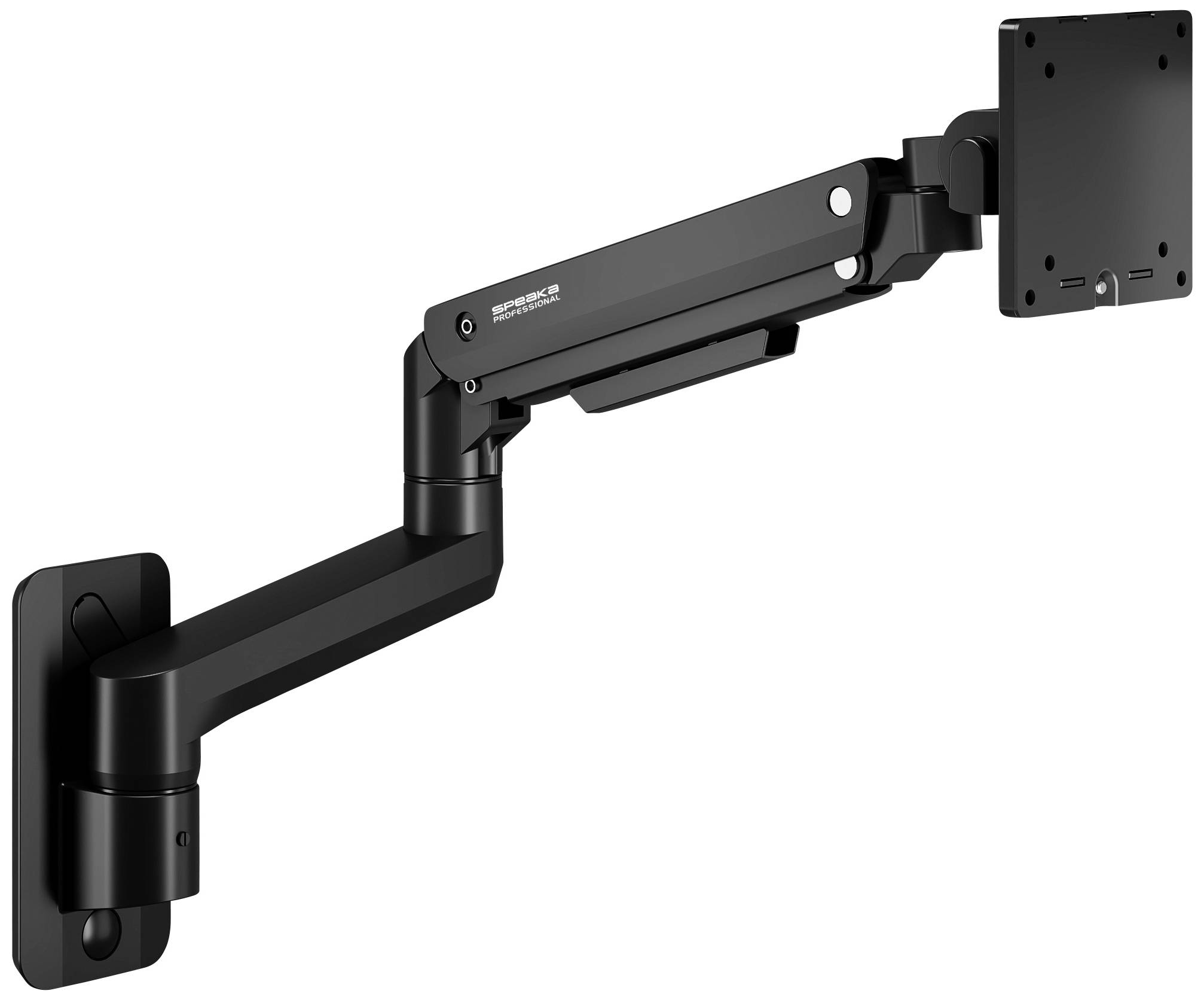 Nástěnný držák monitoru s pohyblivým ramenem, vhodný pro montáž na stěnu. Ideální pro flexibilní umístění displeje, podporuje různé možnosti náklonu a otáčení.