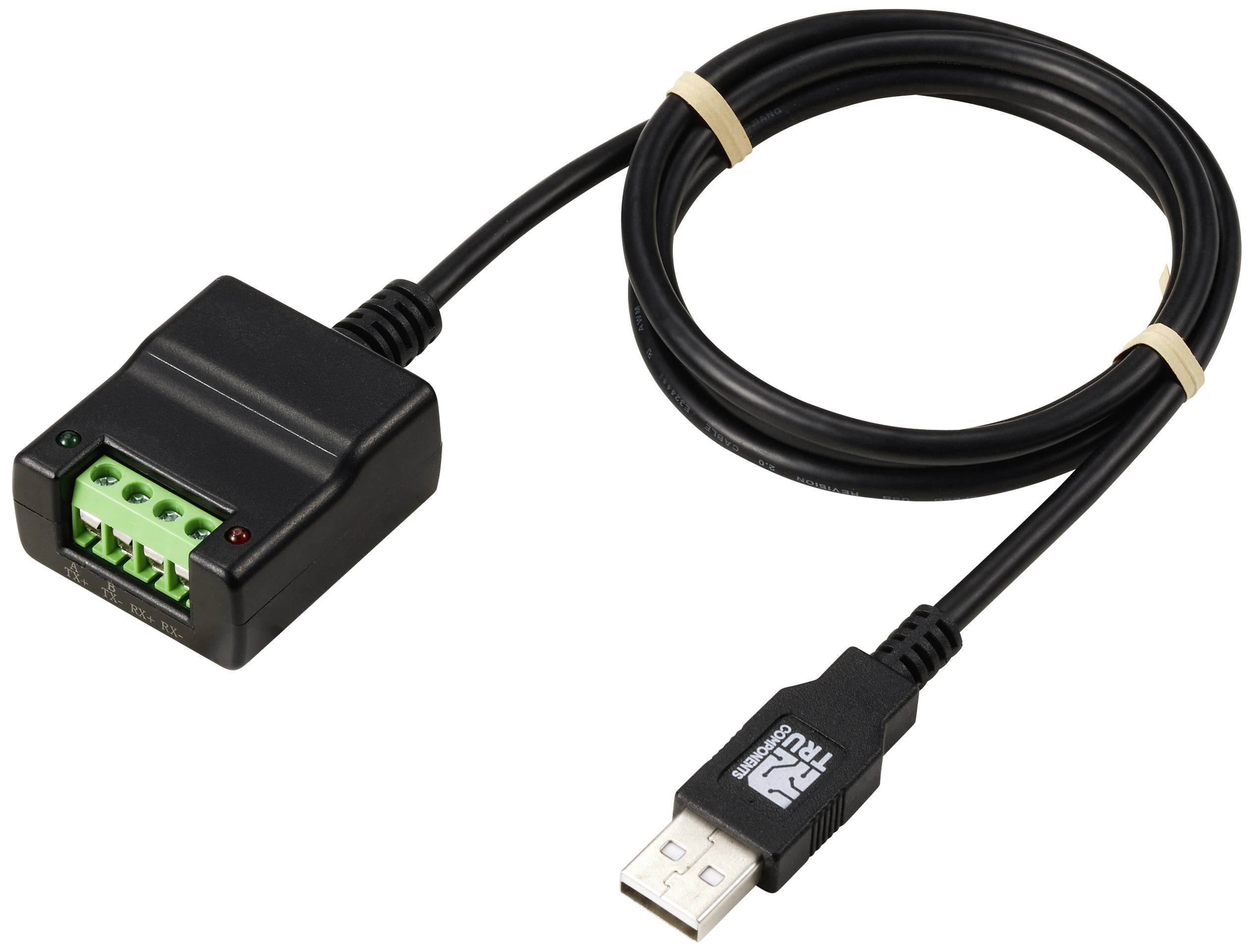 USB kabel s černým adaptérem, který obsahuje čtyři zelené šroubové svorky pro elektrické připojení.