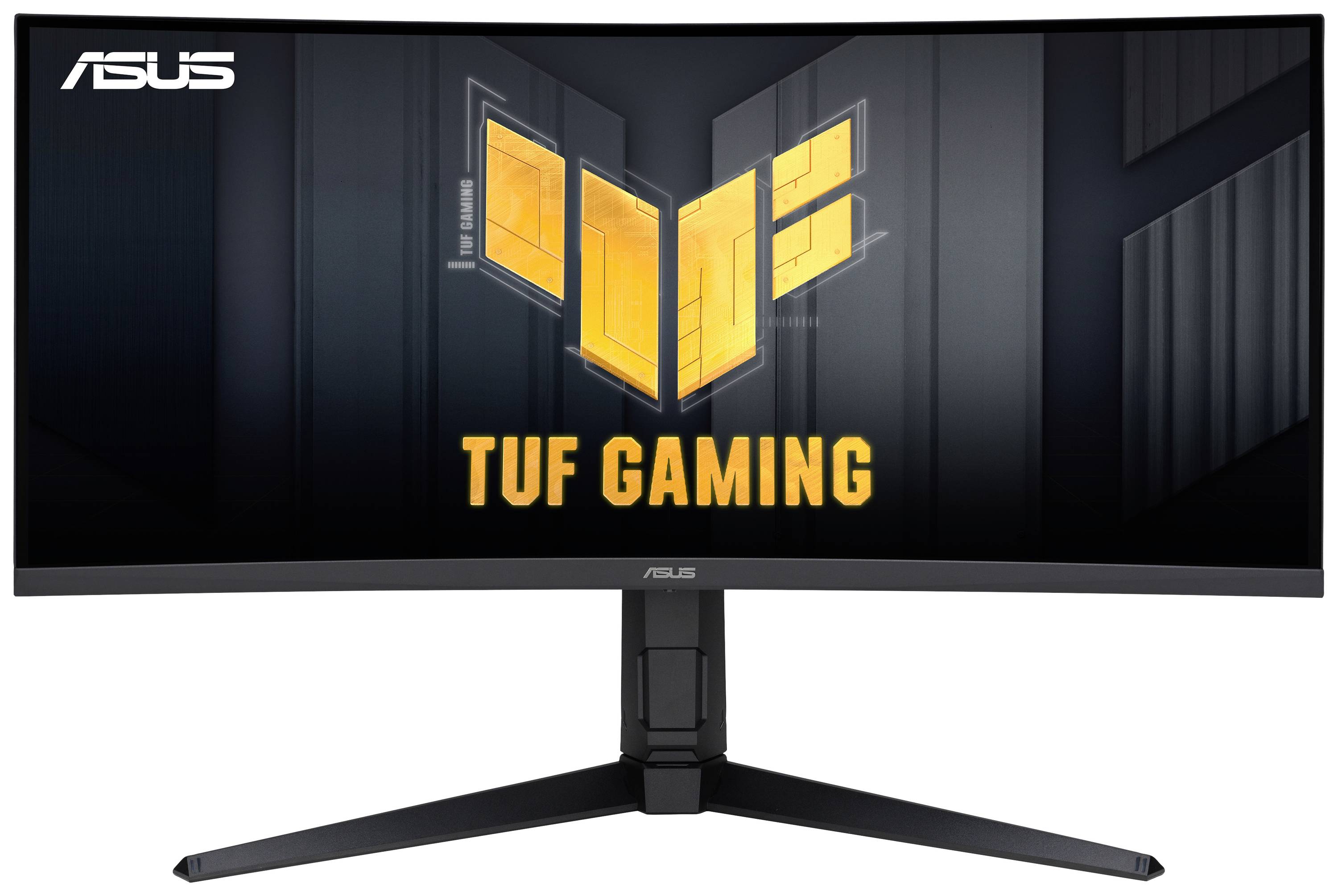 Široký zakřivený monitor od ASUS, model 'TUF Gaming'. Černý design s žlutým logem uprostřed. Stojí na stabilním stojanu.