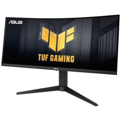 Monitor ASUS TUF Gaming s zakřivenou obrazovkou zobrazuje zářivé žluté logo a nápis 'TUF GAMING'.