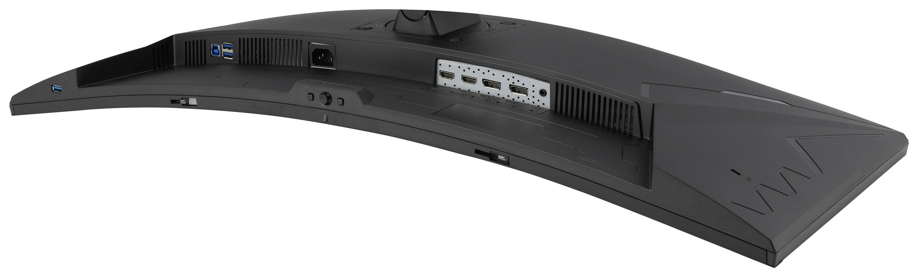 Zadní strana zakřiveného počítačového monitoru s několika připojovacími porty jako HDMI a USB.