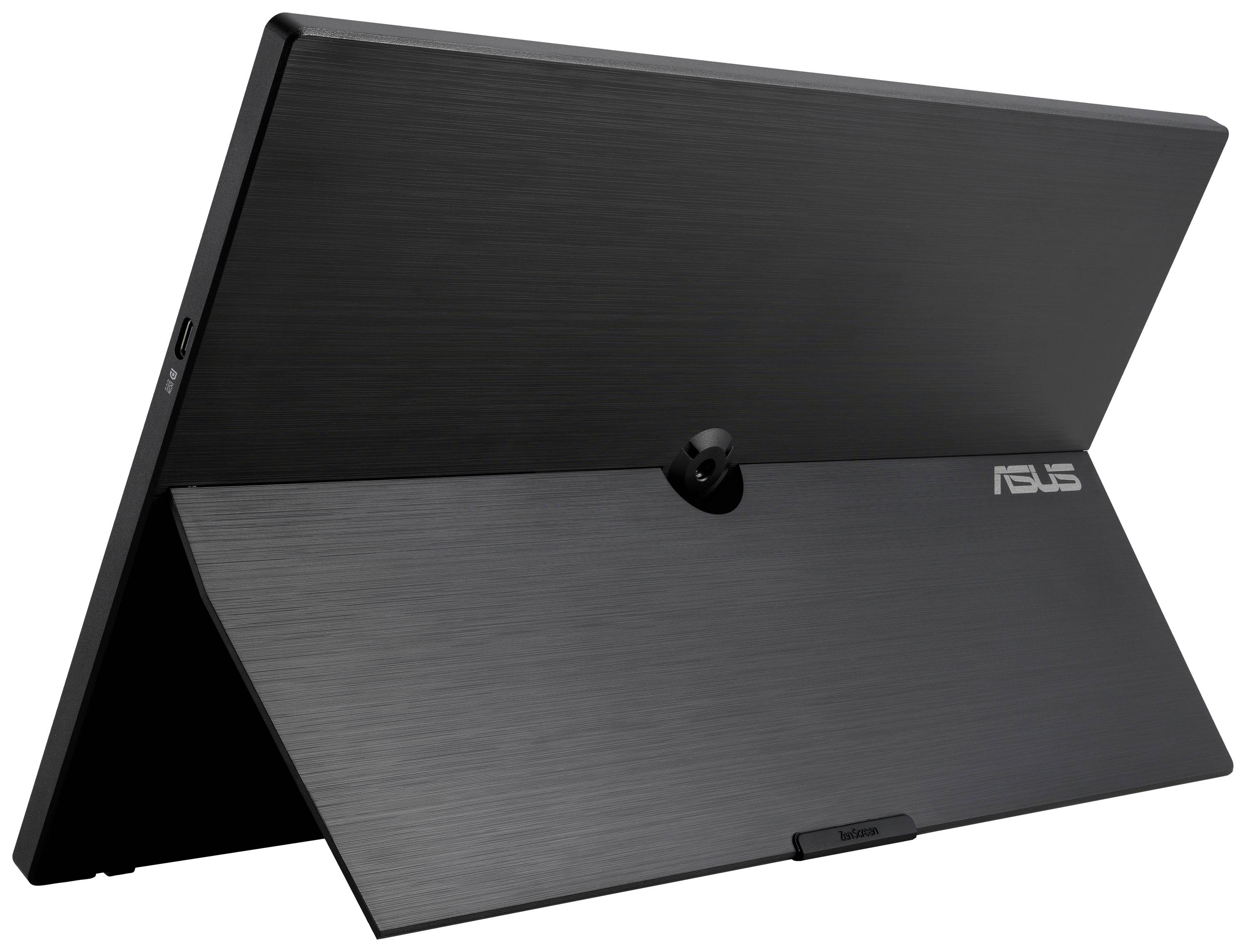 Černý monitor Asus pohledem zezadu, ukazující sklopitelný stojan a logo Asus.