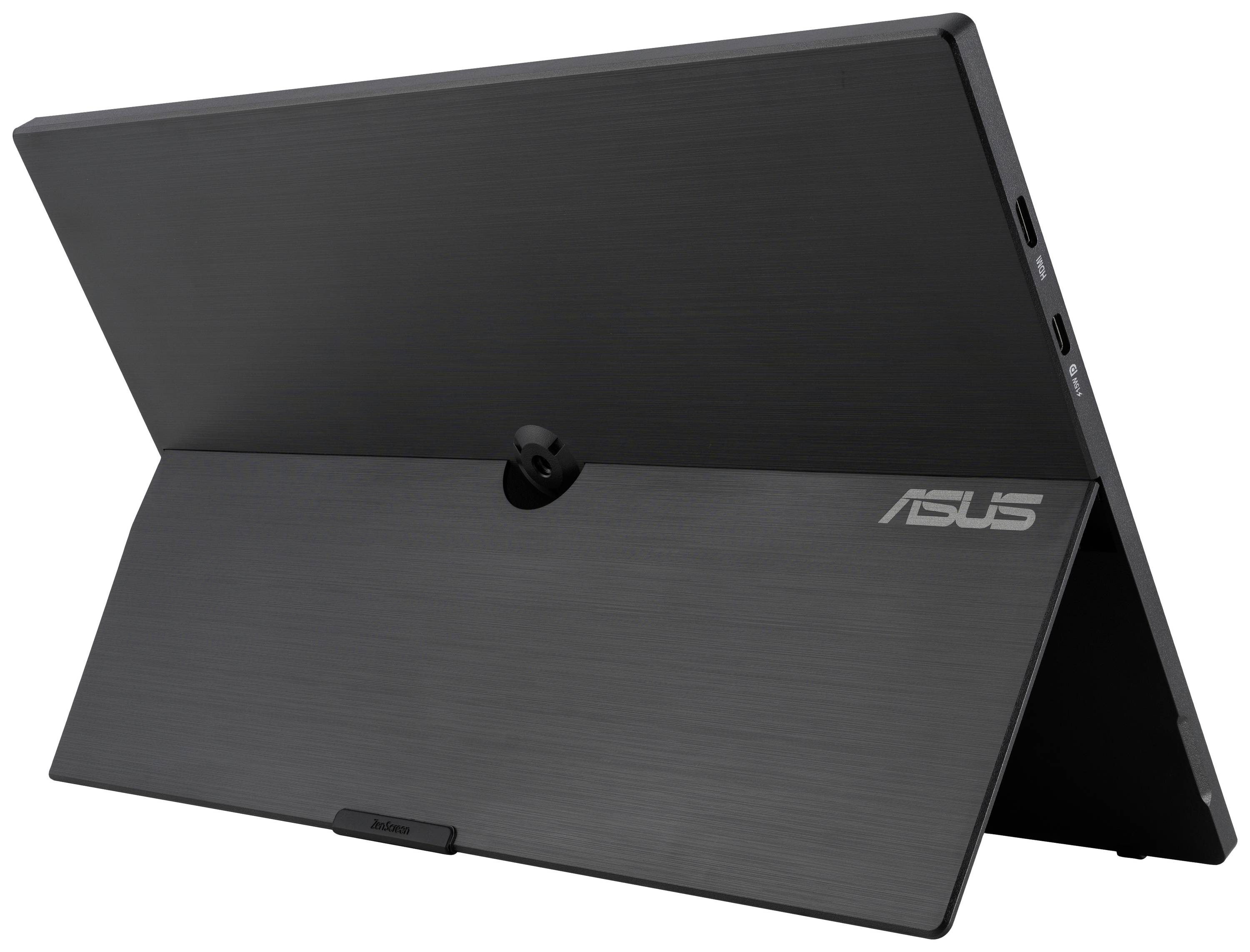 Černý, skládací tablet s opěrkou. Na zadní straně je viditelné logo Asus. K dispozici jsou dva porty na straně zařízení.