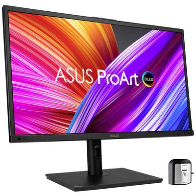 Monitor s nápisem 'ASUS ProArt OLED', obklopený barevnými, zvlněnými čarami na obrazovce; malé zařízení vedle něj.